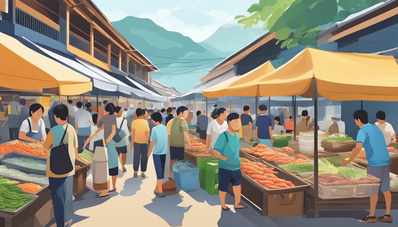A bustling seafood market in Penang, Singapore, with vendors selling fresh catches and visitors browsing for the best deals