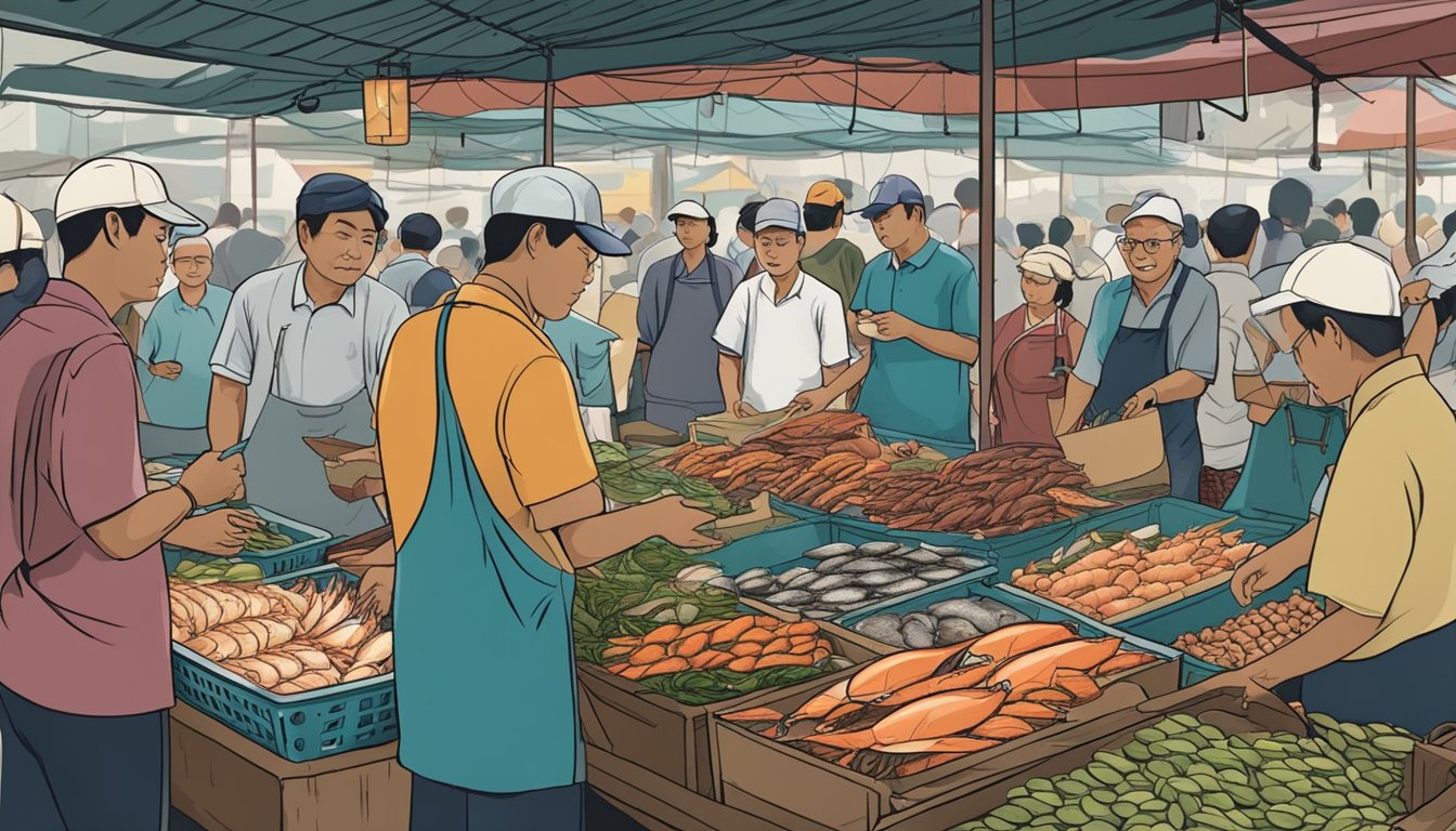 A bustling seafood market in Penang, Singapore, with vendors and customers discussing frequently asked questions about their fresh catch