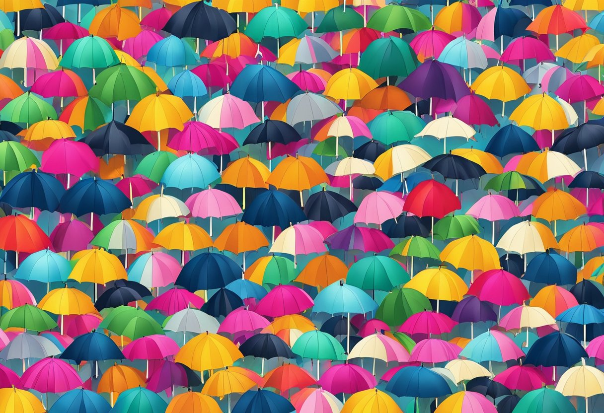 A customized umbrella with vibrant colors and unique patterns, standing out in a sea of ordinary umbrellas on a rainy city street