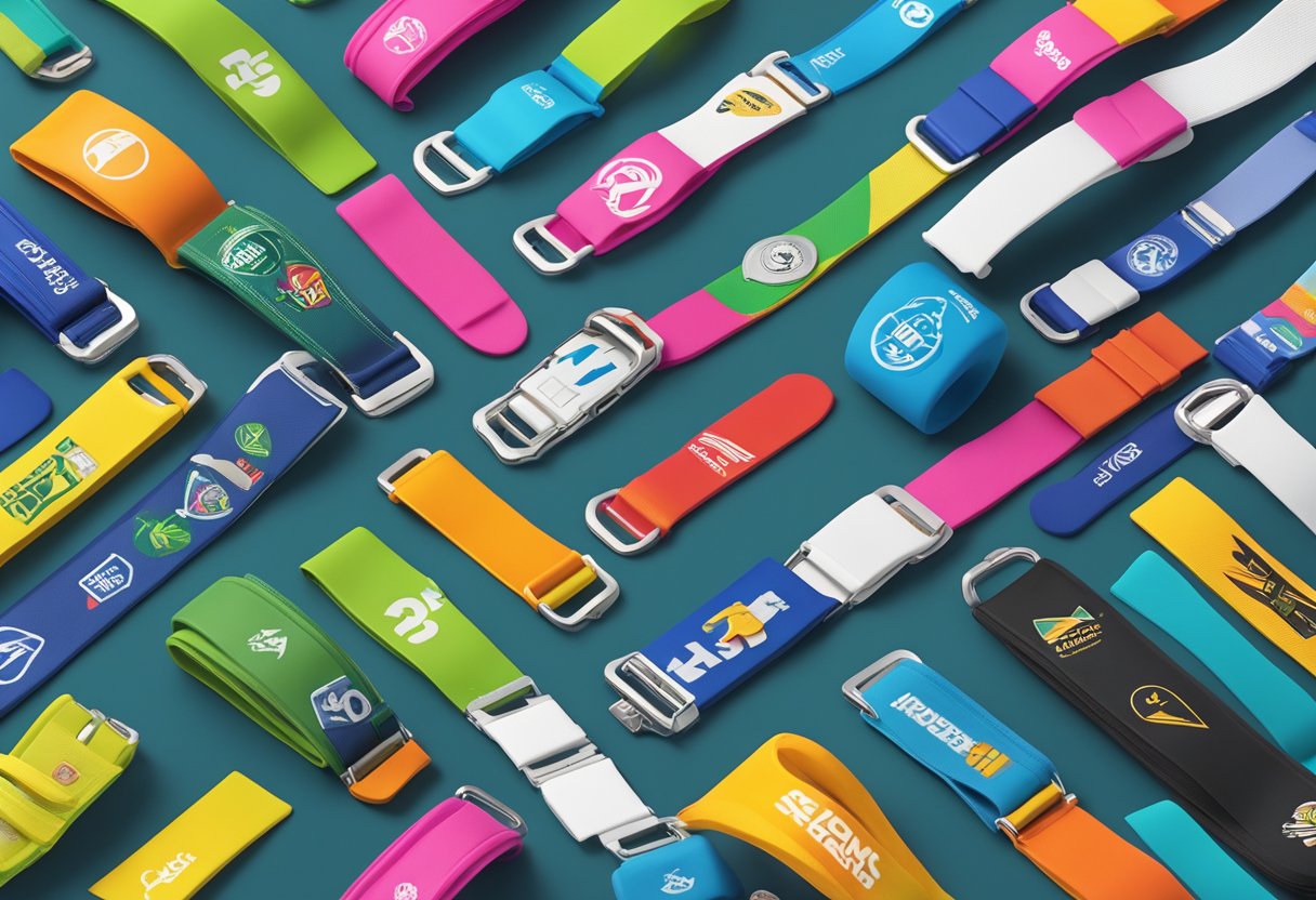 A table displaying various colors and designs of silicone sports bands with corporate logos and customisation options