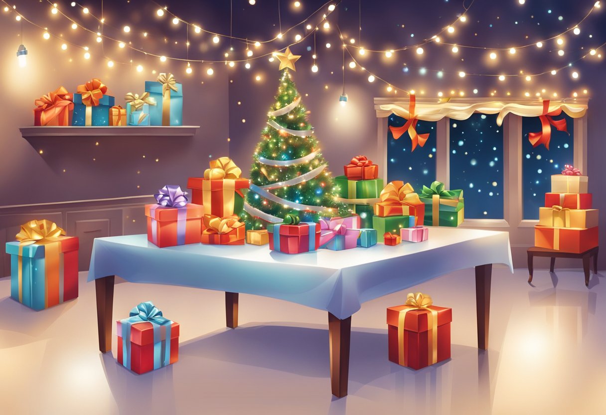 A table adorned with festive corporate gifts, wrapped in elegant packaging and adorned with ribbons and bows. A backdrop of twinkling lights and holiday decorations adds to the festive atmosphere
