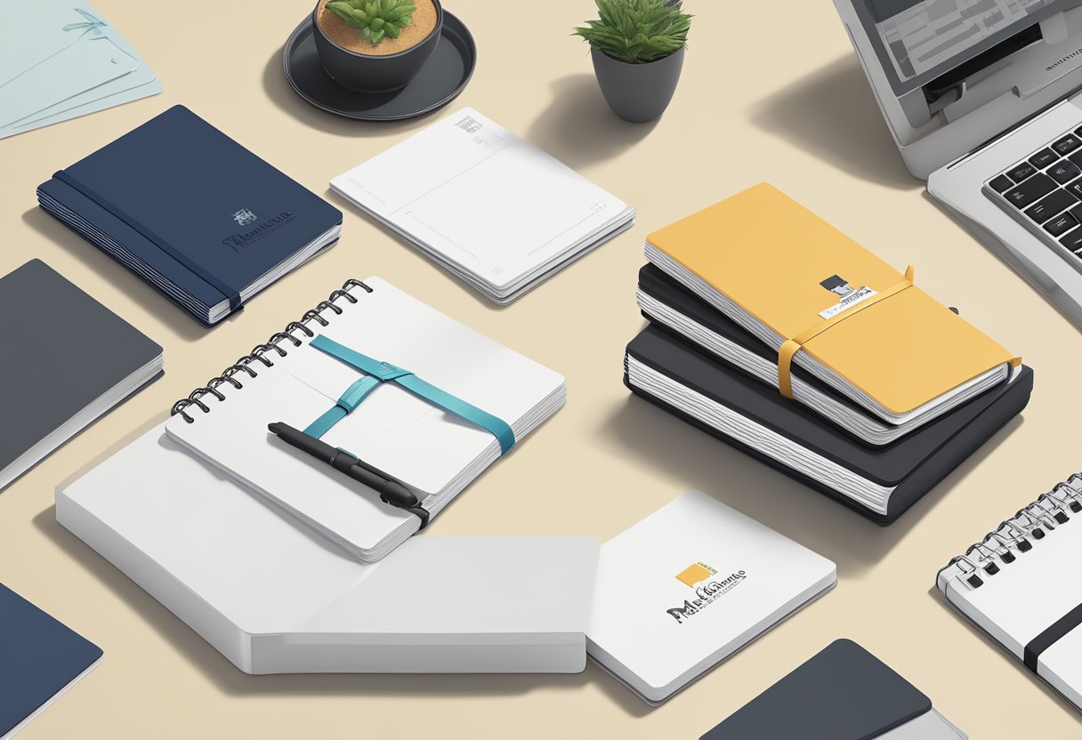 A stack of Moleskine notebooks arranged neatly on a desk, with a branded company logo embossed on the cover. A ribbon tied around the stack with a thank you card placed on top
