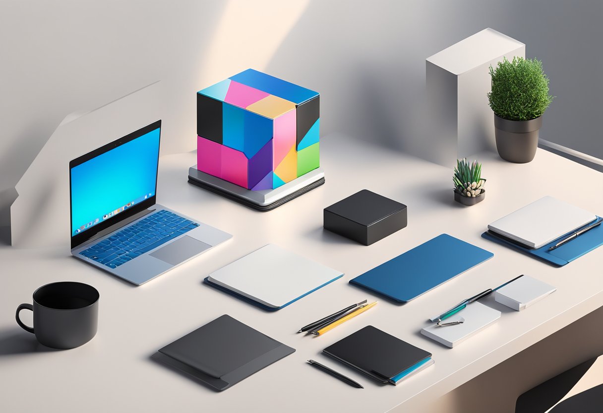 A magnetic cube corporate gift sits on a sleek desk, surrounded by office supplies and a laptop. The cube's sleek design and attractive packaging exude professionalism and sophistication