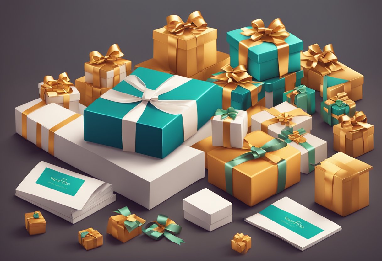 A festive table with branded gift boxes, ribbon, and a stack of FAQ booklets for corporate holiday gifts