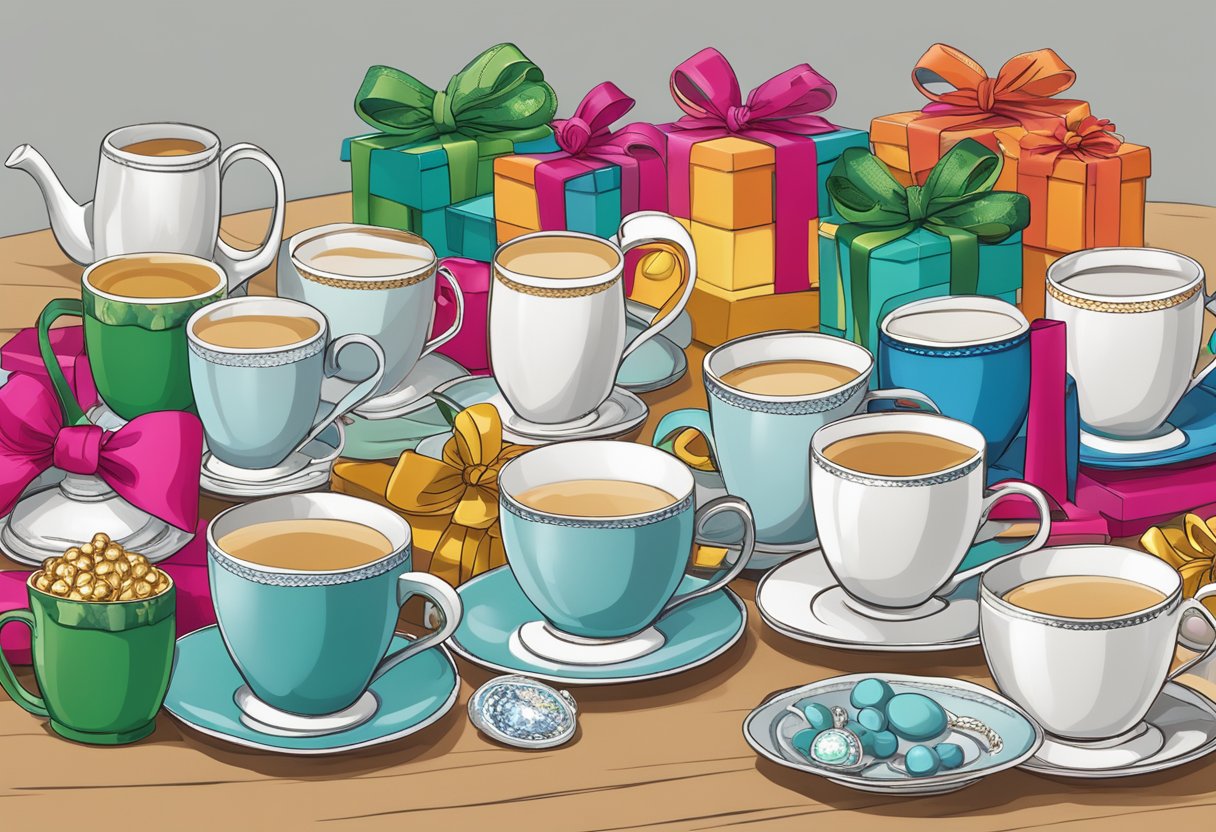 Colorful array of personalized mugs, photo frames, and engraved jewelry displayed on a table with festive wrapping and ribbons