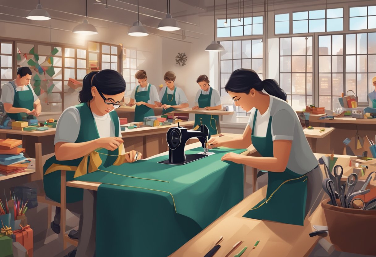 A tailor sews custom corporate Christmas gifts in a festive workshop