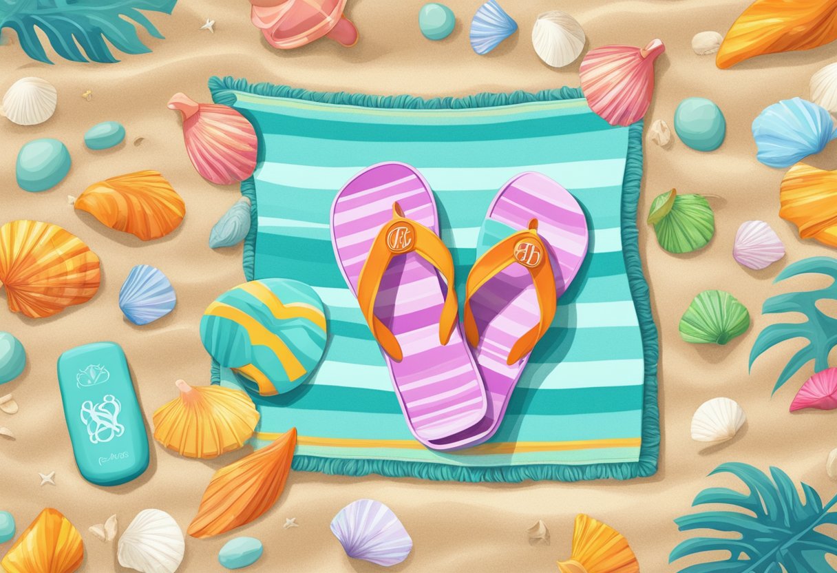 A personalized towel with vibrant colors and a bold monogram sits on a sandy beach, surrounded by seashells and a pair of flip-flops