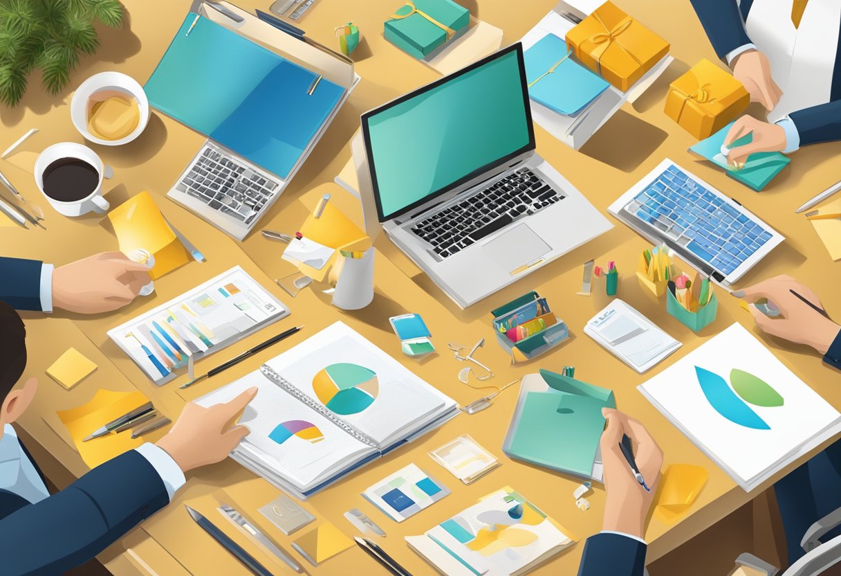A table with various corporate gifts, including branded items and personalized products, being arranged and customized by a team of professionals