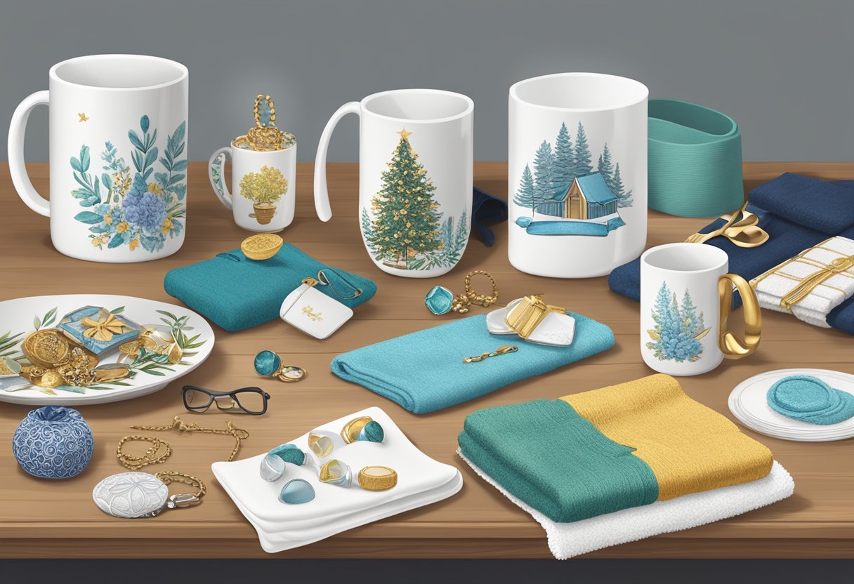 Various customized gifts displayed on a table: personalized mugs, engraved jewelry, custom-made phone cases, and embroidered towels
