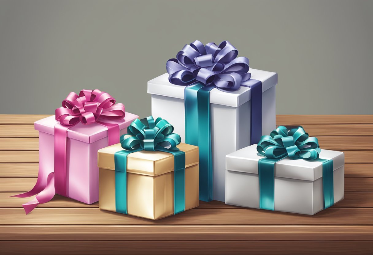 A group of elegantly wrapped corporate gifts displayed on a polished wooden table, adorned with festive ribbons and personalized tags