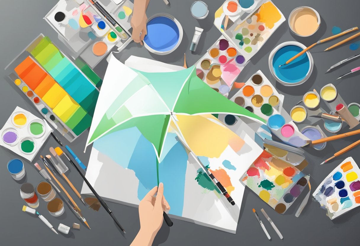 A person holds a blank umbrella, surrounded by various design materials like paints, markers, and stencils on a table