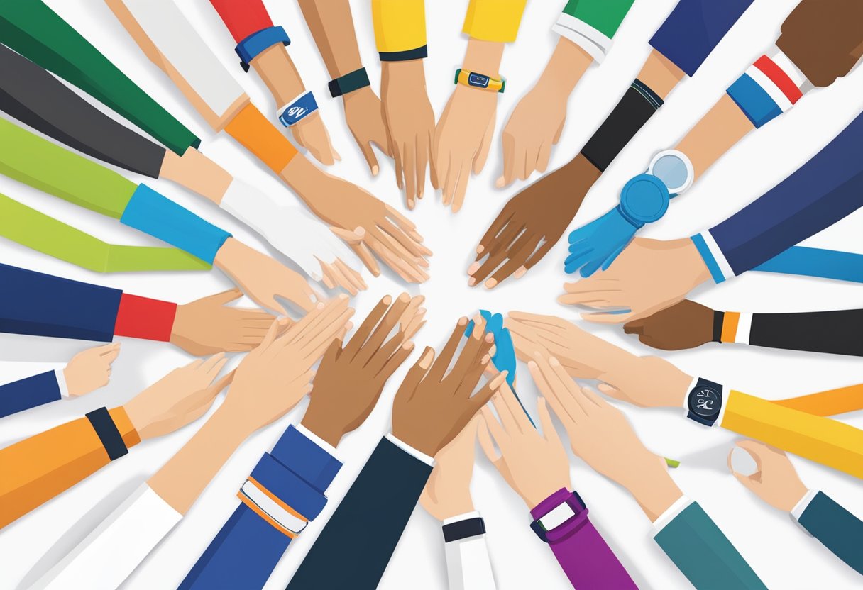 A group of people at a promotional event wearing silicone sports bands with a corporate logo, engaging with clients and exchanging gifts