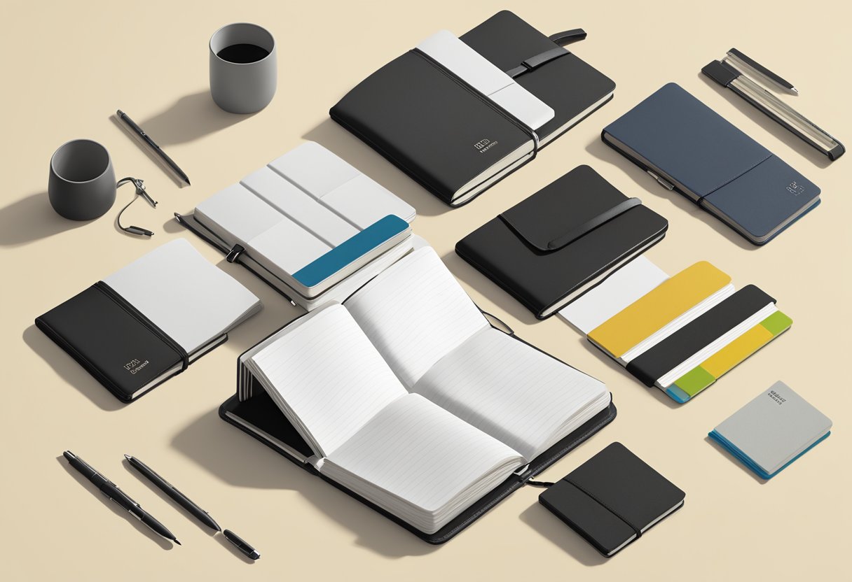 A table with a variety of Moleskine notebooks, planners, and pens arranged neatly for corporate gifting. The products are displayed with the Moleskine logo visible