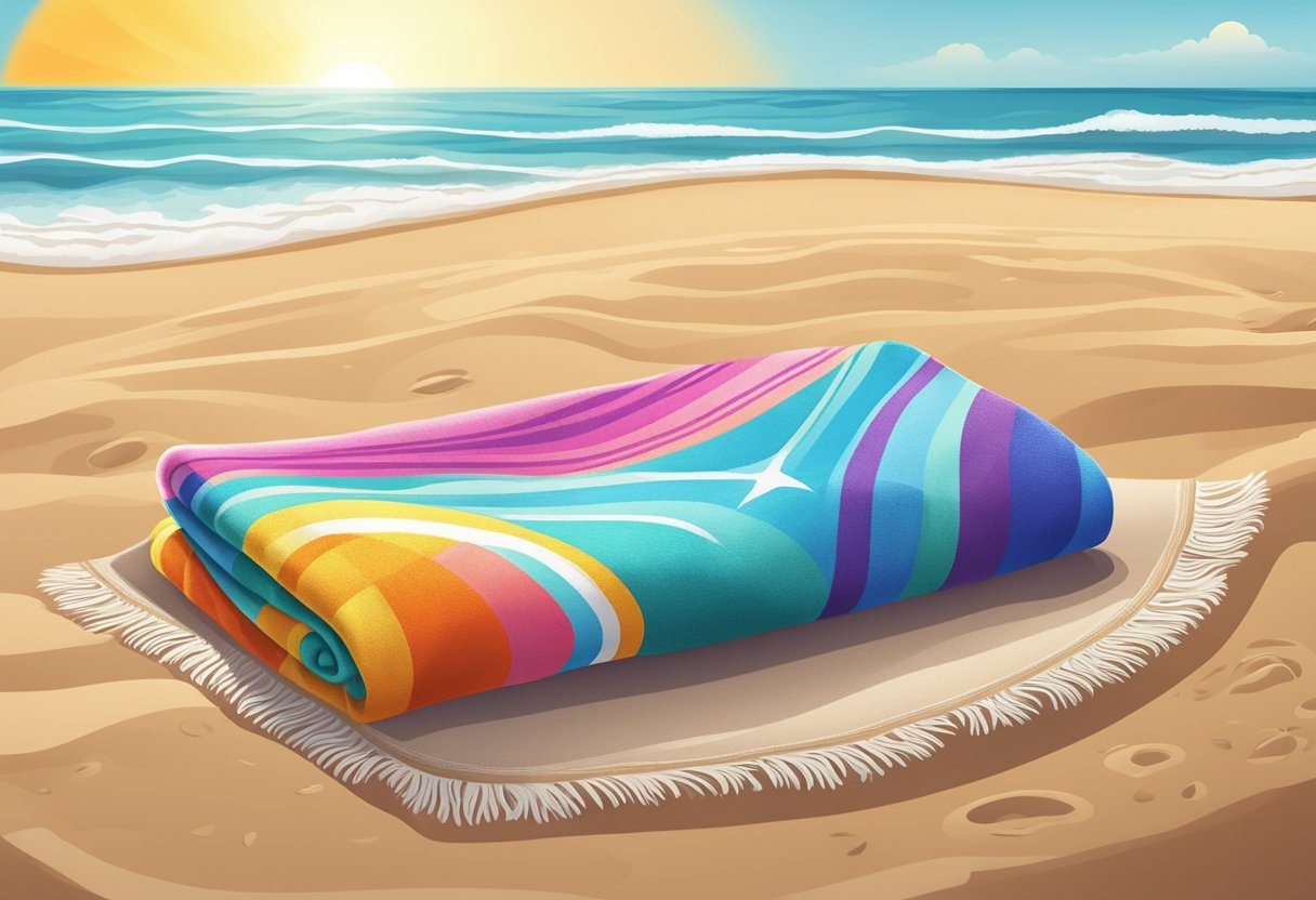 A colorful, personalized towel lays on a sandy beach, with waves crashing in the background and a bright sun shining overhead