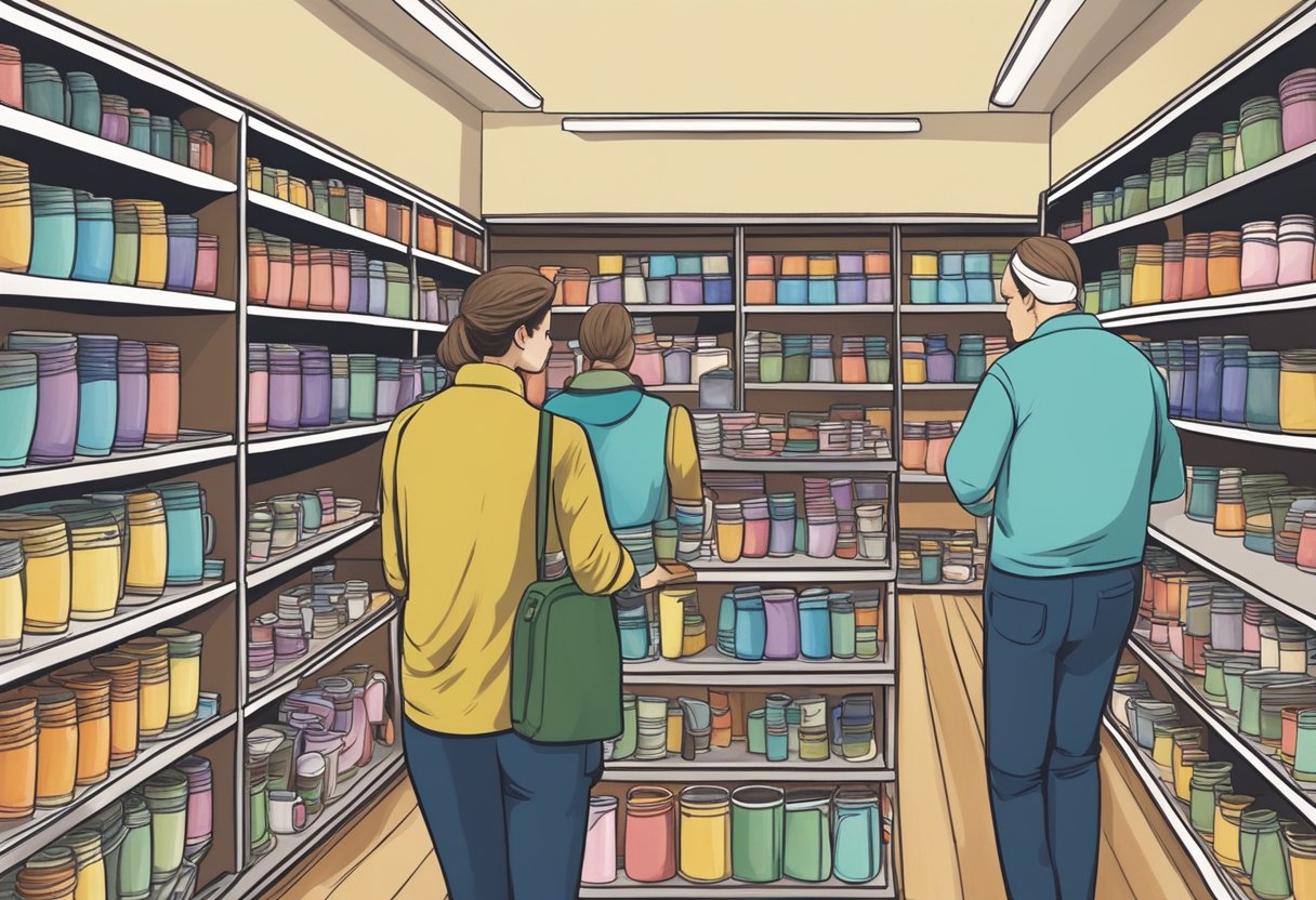 Customers browsing shelves of personalized mugs, keychains, and photo frames at a custom gift shop