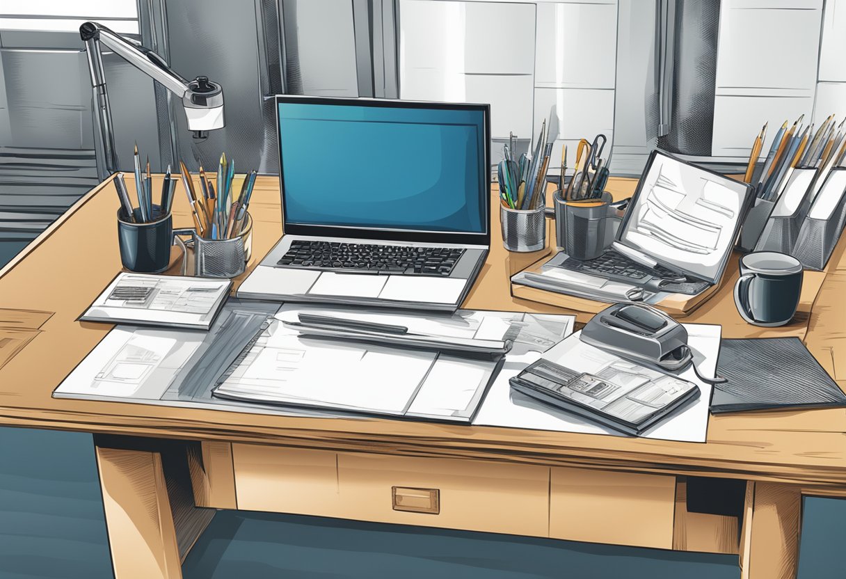 A table with various corporate gifts like pens, mugs, and plaques. Engraving machine in the background. Clean and professional setting
