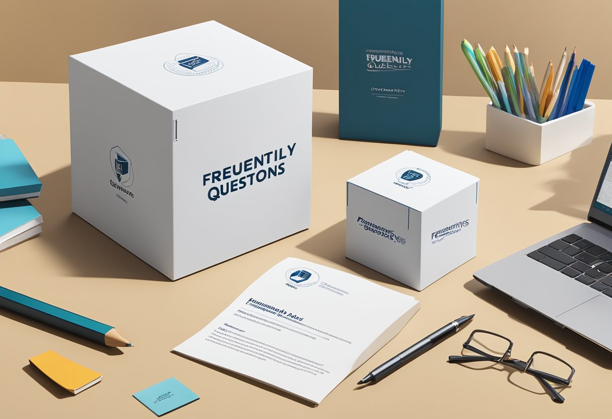 A magnetic cube sits on a sleek desk, surrounded by office supplies and a branded corporate gift box. The cube features "Frequently Asked Questions" printed on its surface
