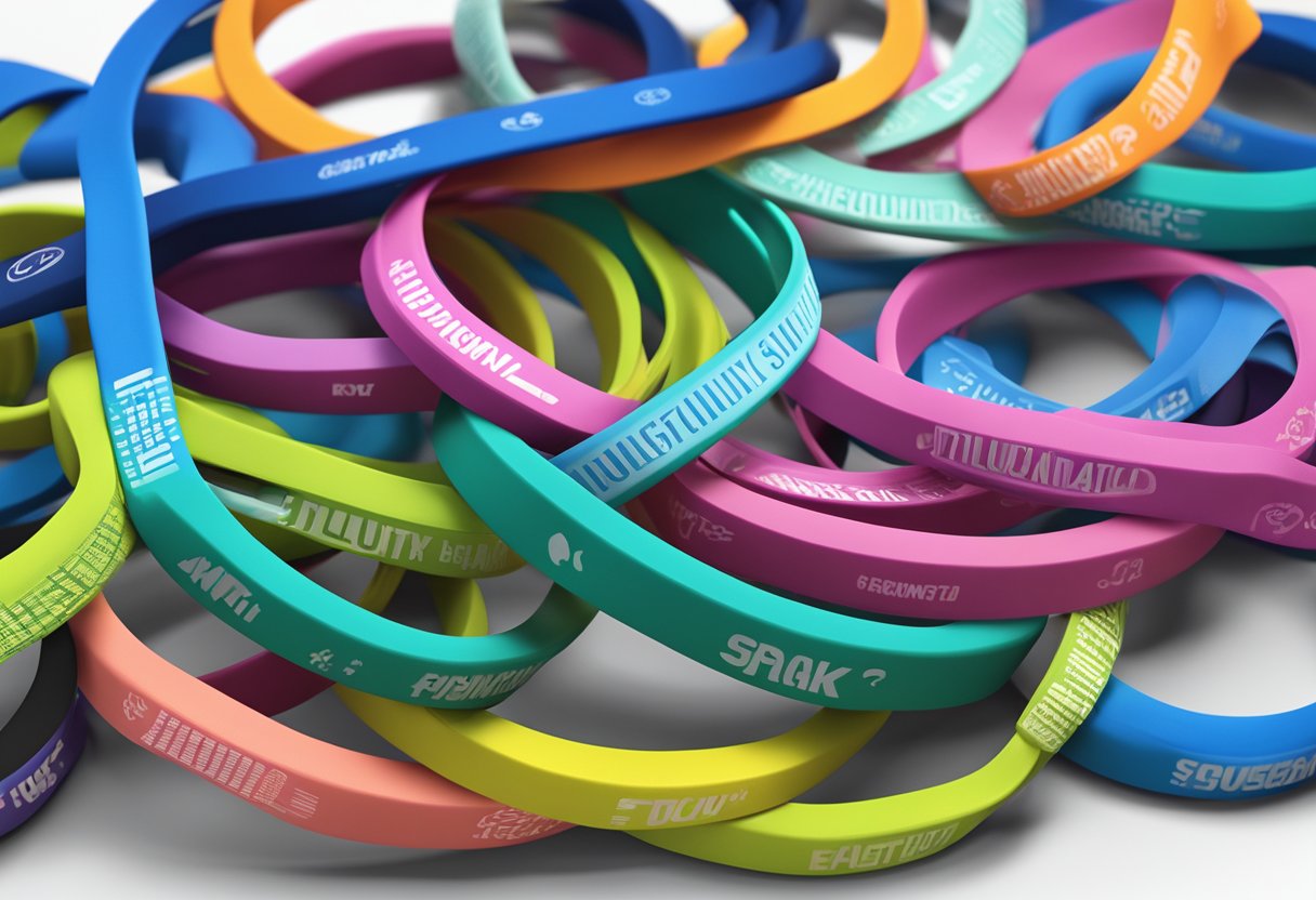 A stack of silicone sports bands with "Frequently Asked Questions" printed on them, arranged as a corporate gift display