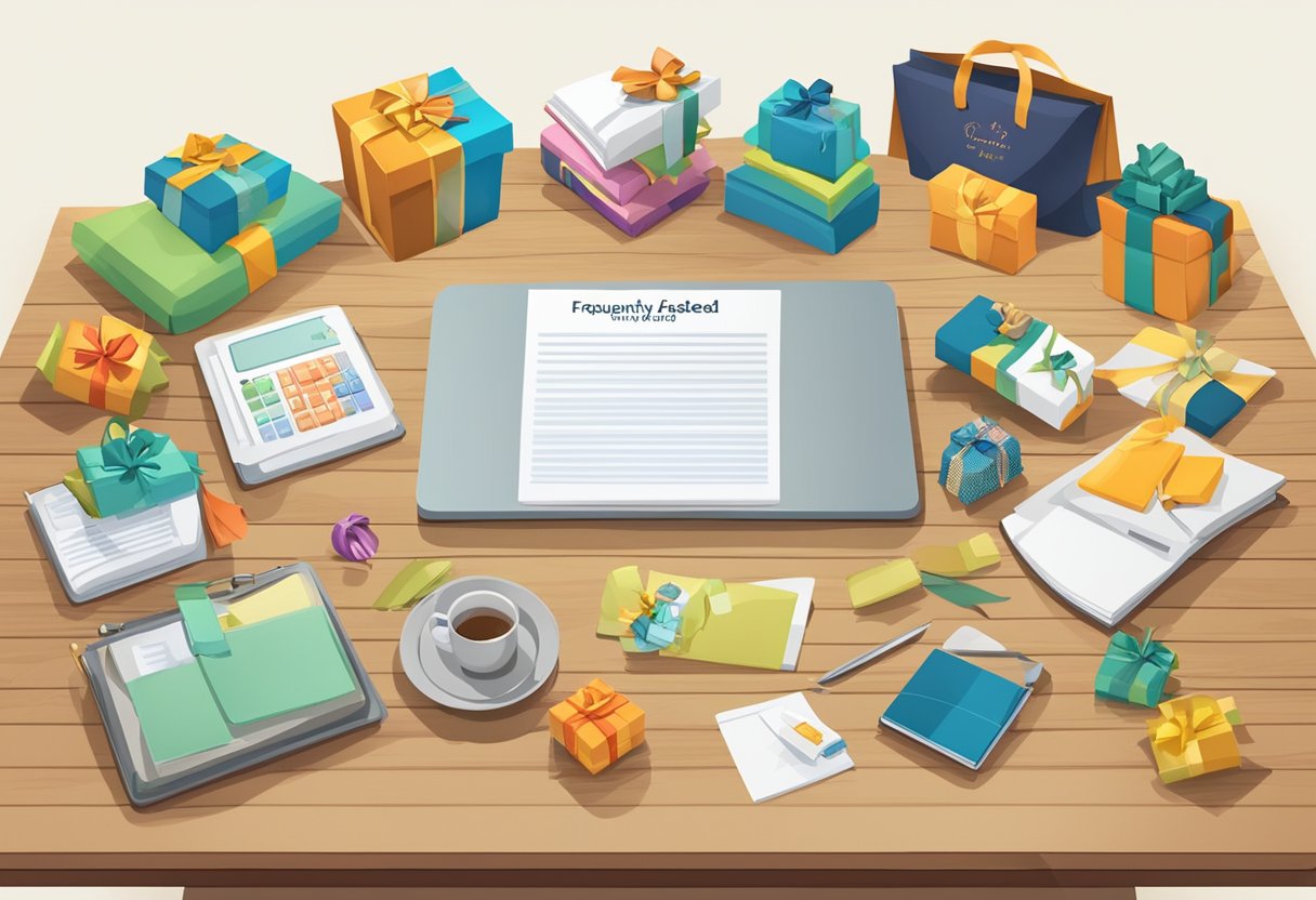 A table with various customized gifts and a sign "Frequently Asked Questions" displayed prominently