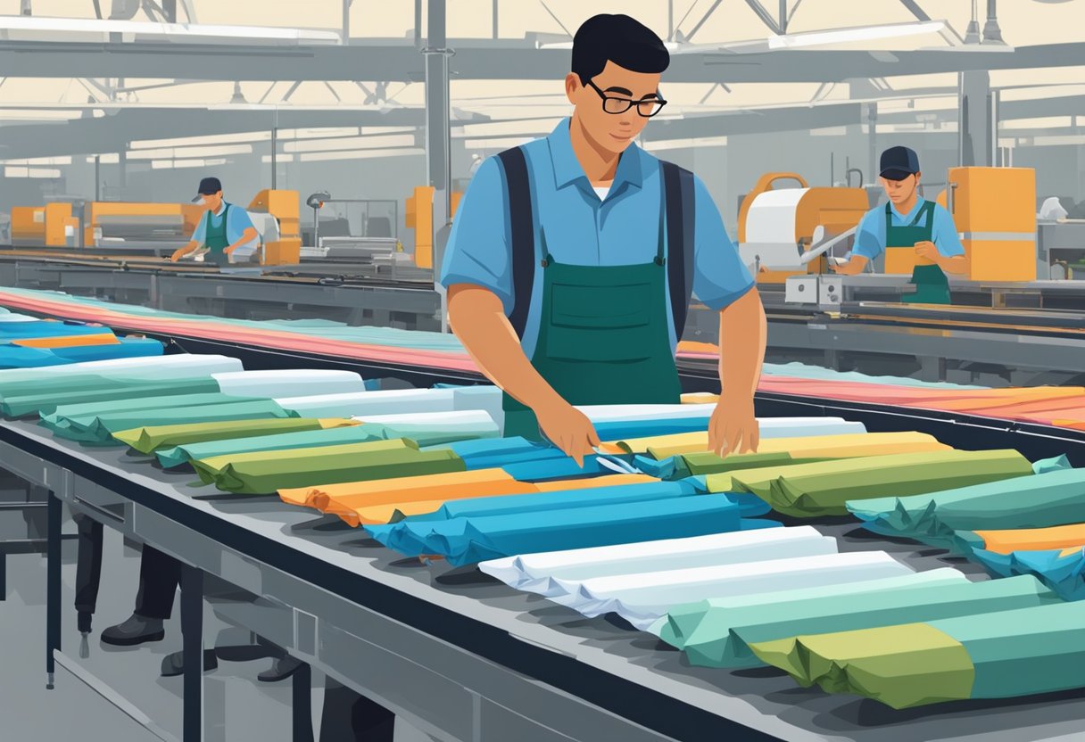 A factory worker assembles custom umbrellas on a conveyor belt. Fabrics and frames are being sourced and assembled
