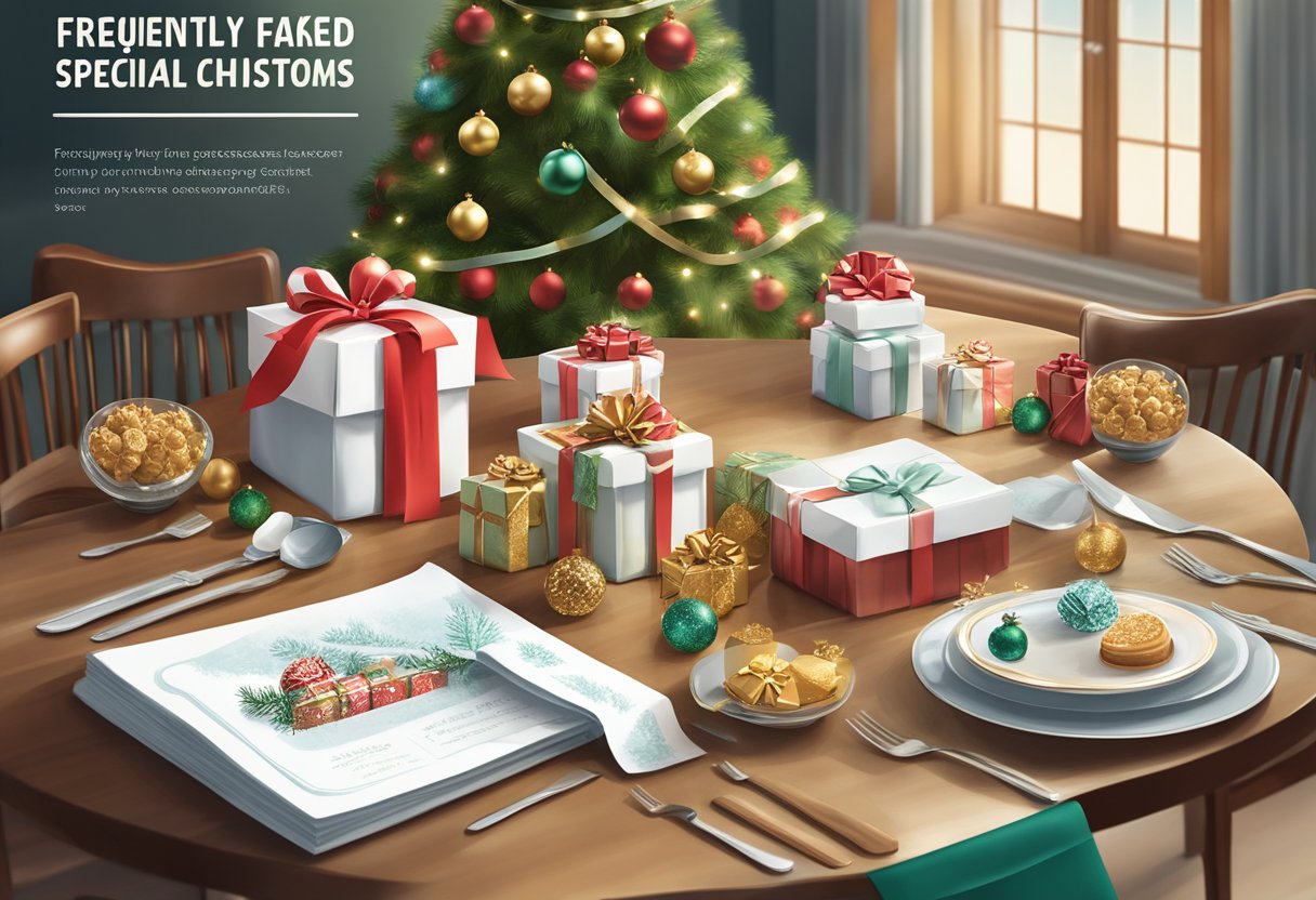 A festive table with branded gift boxes, holiday decorations, and a banner reading "Frequently Asked Questions special Christmas corporate gifts."