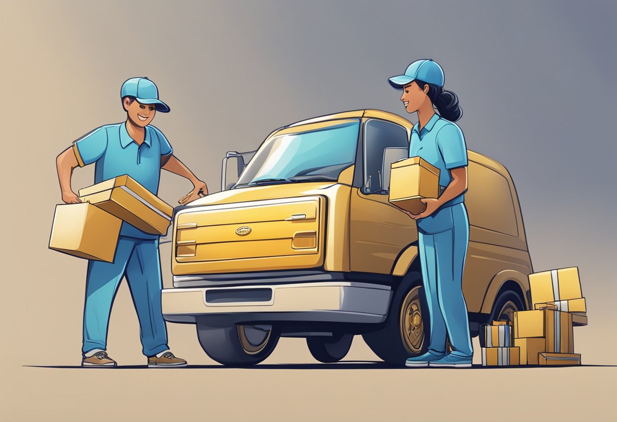A person places an order for a customized trophy, then a delivery person distributes the finished trophy to its recipient
