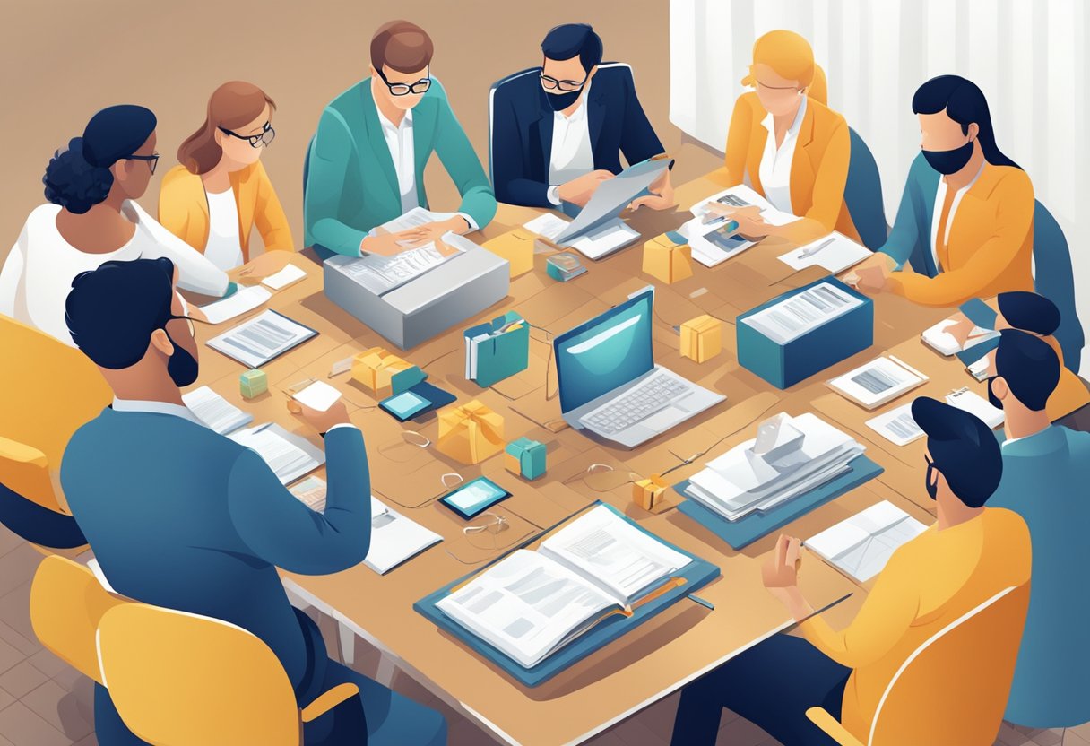 A table with various unique corporate gifts displayed, surrounded by people asking questions and discussing