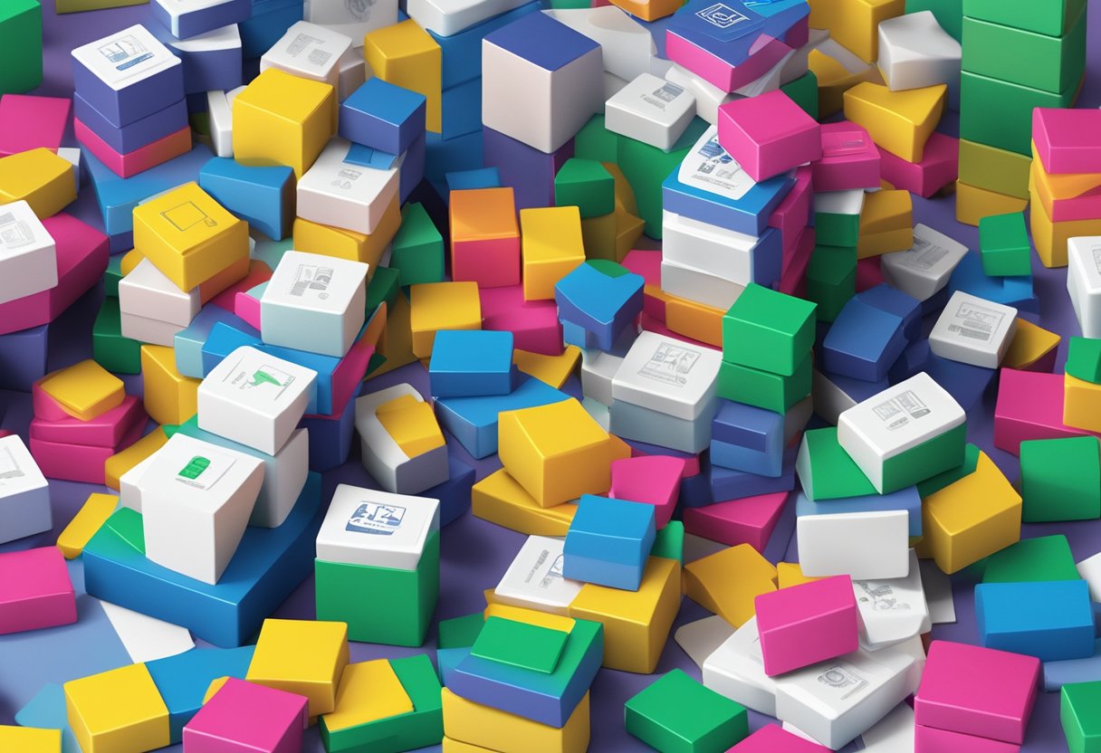 A stack of magnetic blocks with "Frequently Asked Questions" printed on them, surrounded by corporate gift items