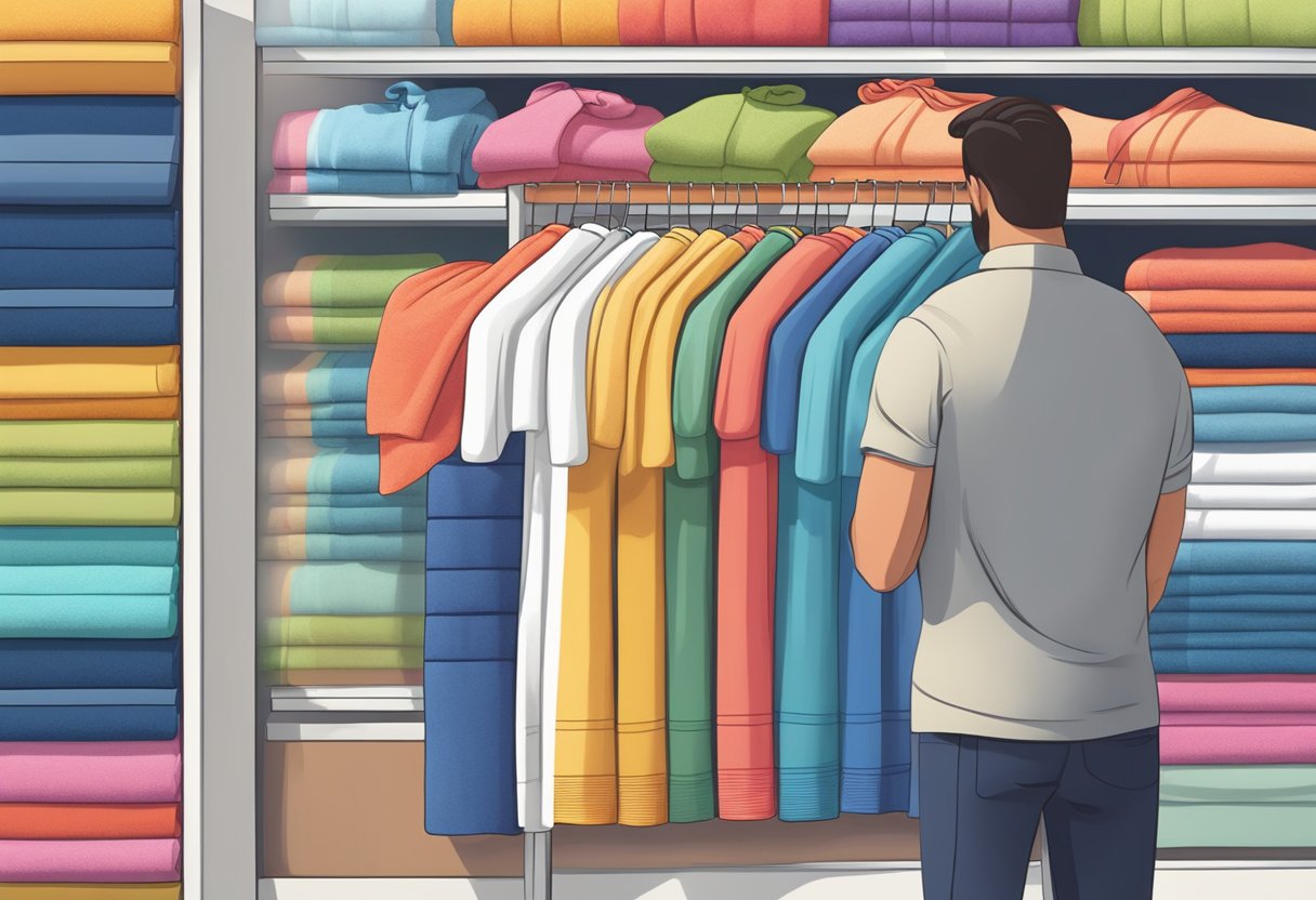 A stack of colorful, personalized towels displayed on a shelf with a price tag and a customer admiring the customization