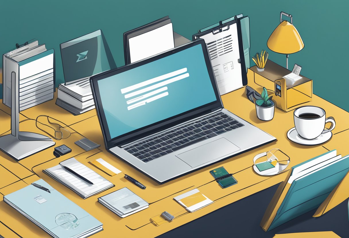 A table with various corporate gifts displayed, including mugs, notebooks, and tech accessories. A sign reads "Frequently Asked Questions about SG Corporate Gifts."