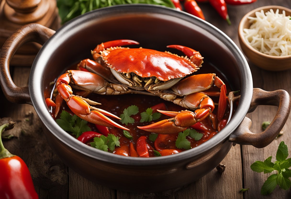 A steaming pot of pepper crab sits on a rustic wooden table, surrounded by vibrant red chili peppers and fragrant herbs. The crab is coated in a rich, savory pepper sauce, with steam rising from its glistening shell