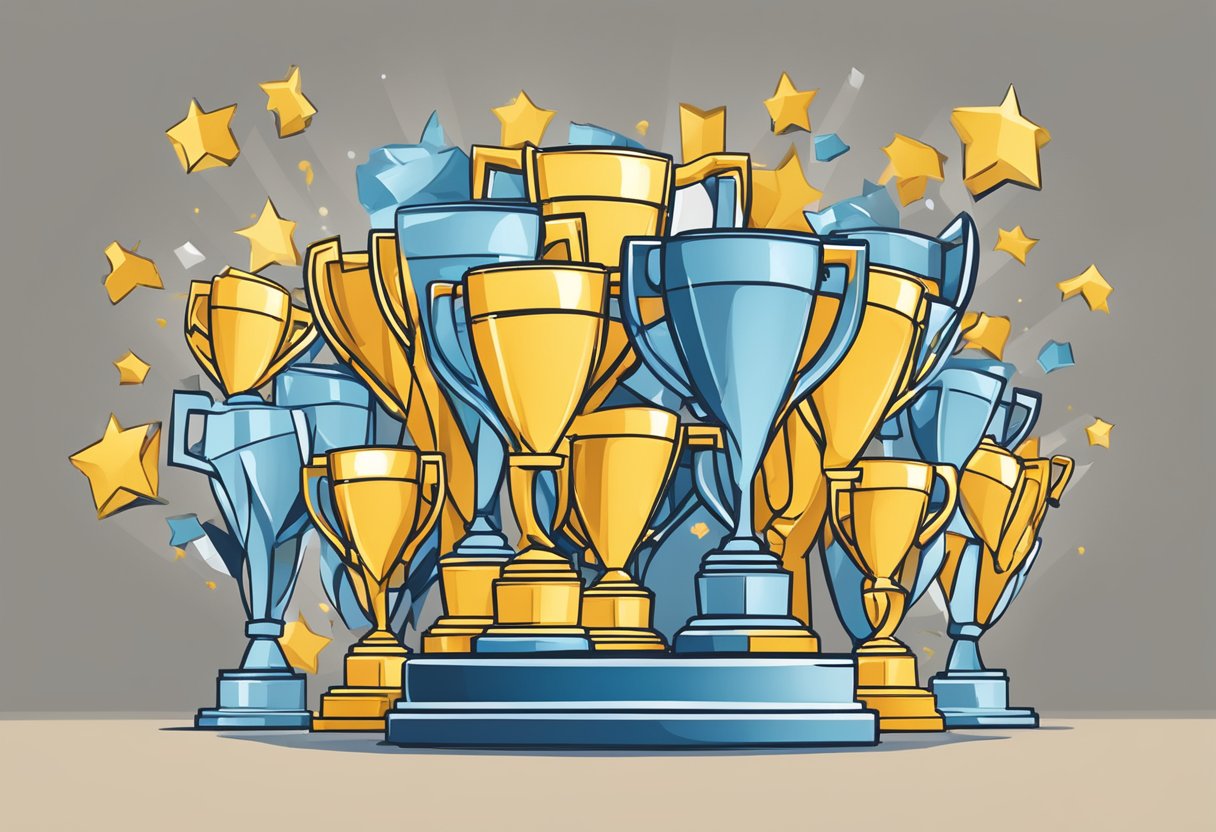A customized trophy surrounded by question marks and a spotlight