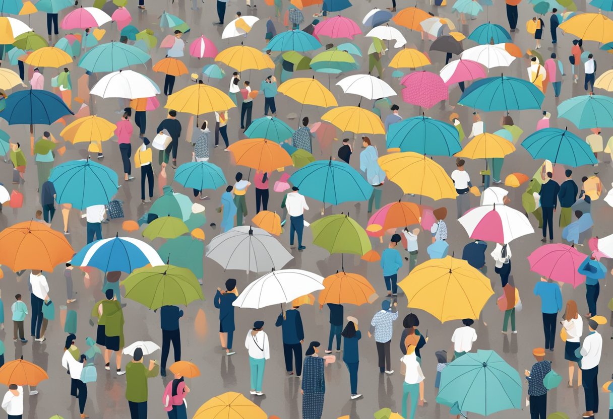 A customised umbrella with "Frequently Asked Questions" pattern, open in the rain, surrounded by curious onlookers