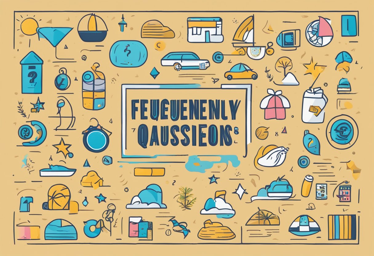 A colorful towel with "Frequently Asked Questions" printed in bold, surrounded by various icons and symbols, laid out on a sandy beach