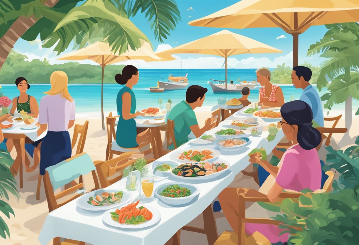 Crystal-clear waters lap against a pristine white sand beach, with lush greenery in the background. A colorful array of seafood dishes is laid out on a table, surrounded by happy diners