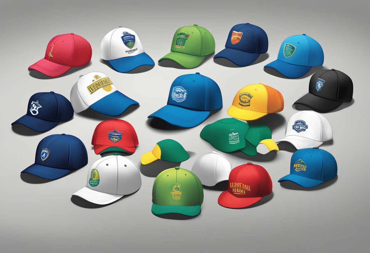 A table displaying custom corporate gift caps in various colors and designs