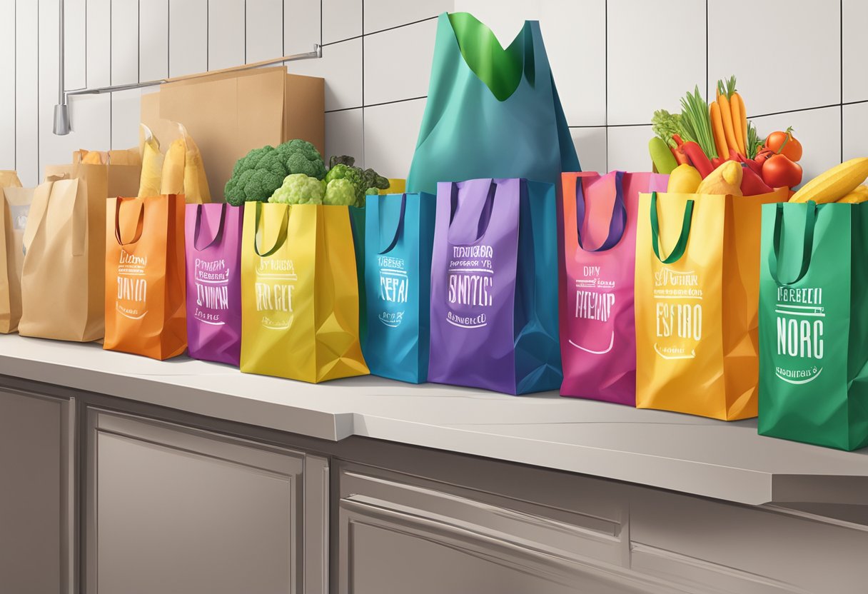 Colorful custom grocery bags arranged on a countertop