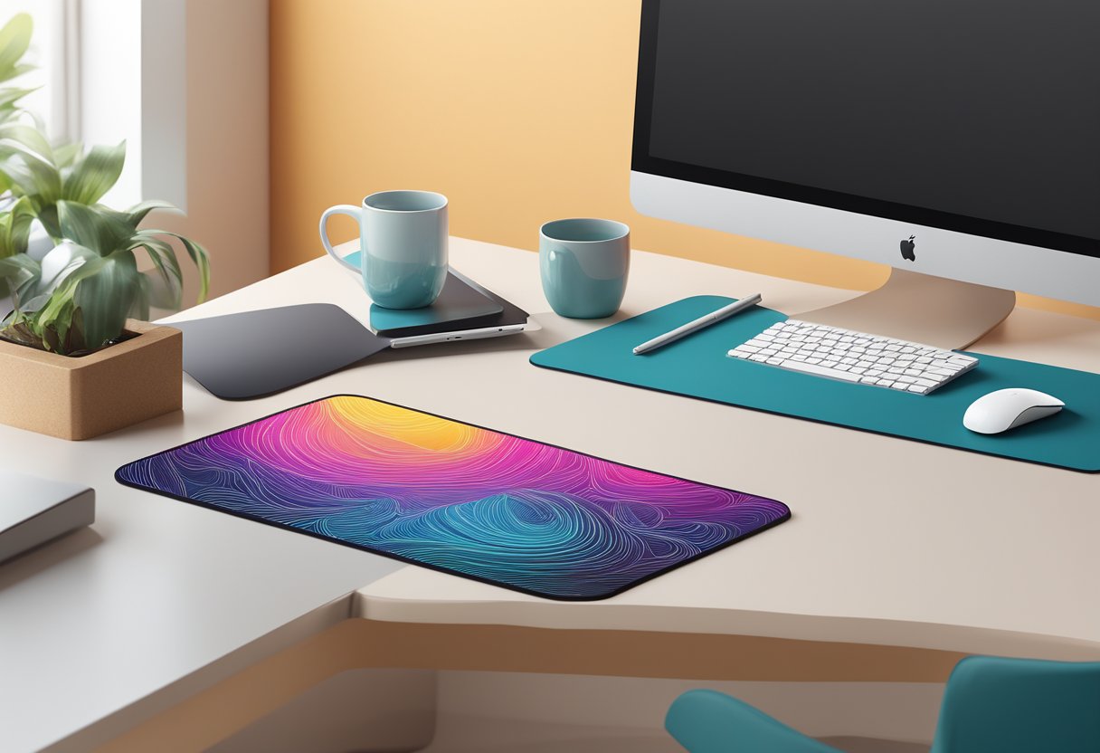A custom mouse pad with a vibrant design sits on a clean desk next to a sleek computer and a cup of coffee