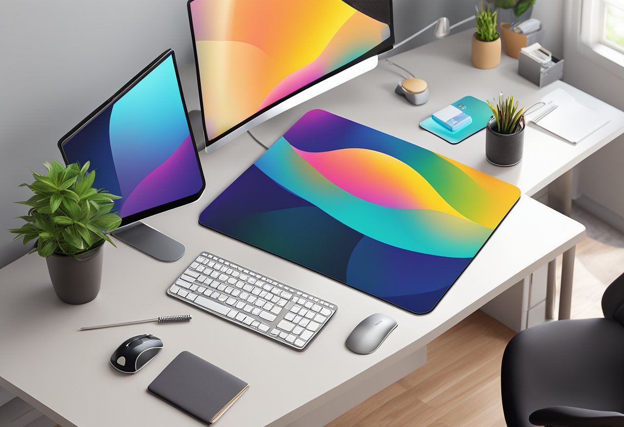 A custom print mouse pad with vibrant colors and a sleek design, sitting on a clean and organized desk with a computer and other office supplies nearby