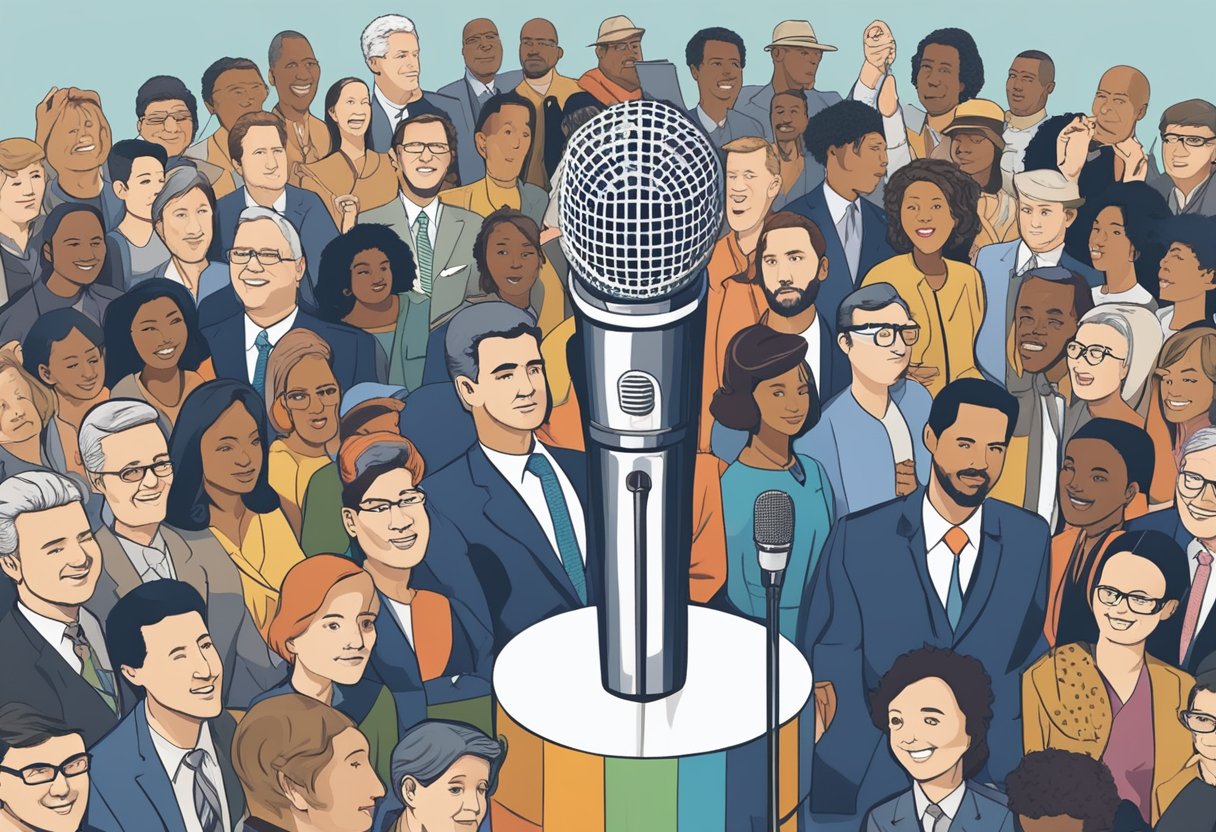 Bryant Gumbel's impact on broader culture: a microphone symbolizing his influential voice, surrounded by diverse media platforms and audiences