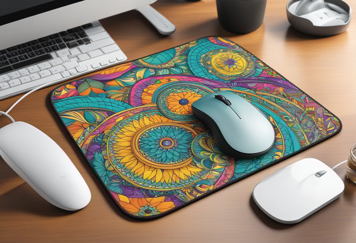 A computer mouse pad with customizable design, featuring vibrant colors and bold patterns, sits on a clean, clutter-free desk