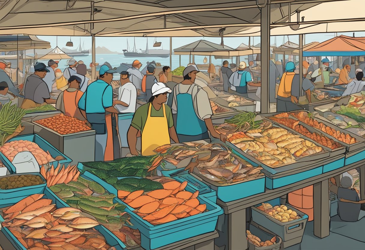 A bustling seafood market with colorful displays of fresh fish, crabs, and shellfish. Customers browse the stalls, while vendors call out their daily catches