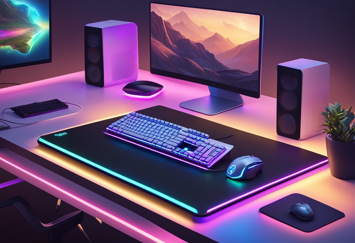 A sleek gaming desk with a custom mouse pad, illuminated by colorful LED lights, surrounded by high-tech peripherals and accessories