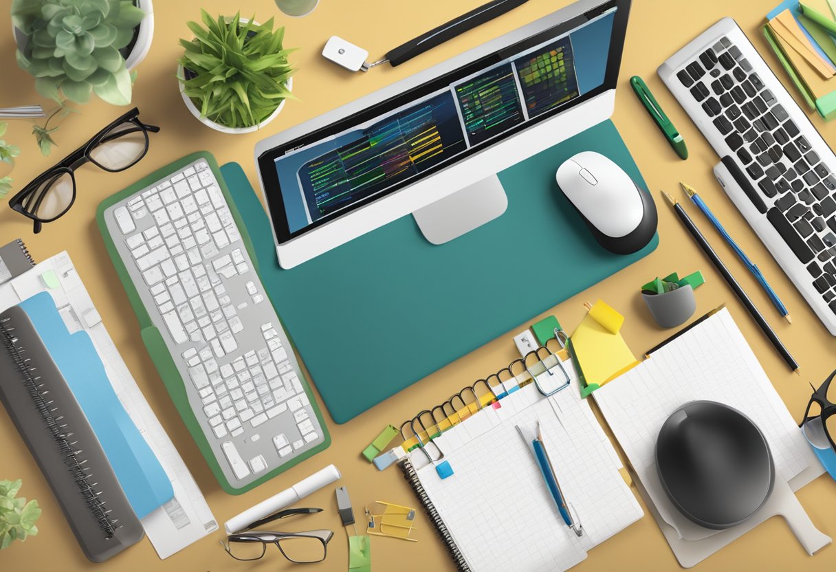 A computer mouse pad with "Frequently Asked Questions" printed on it, surrounded by various computer and office supplies