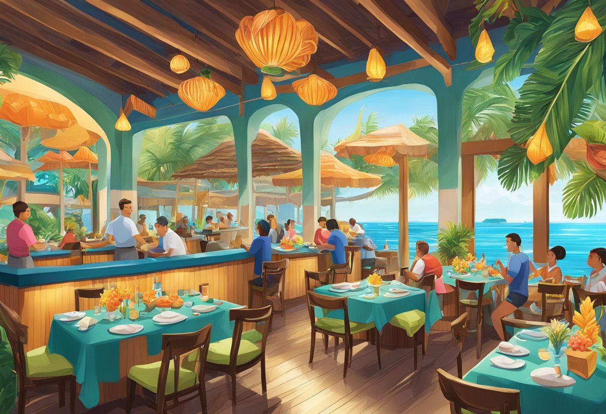A bustling seafood restaurant with a tropical paradise theme, featuring colorful decorations and a vibrant atmosphere