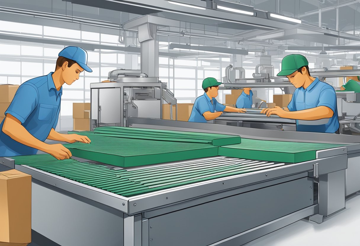 A conveyor belt moves custom corporate gift caps through a production line, while workers package and label the finished products for distribution