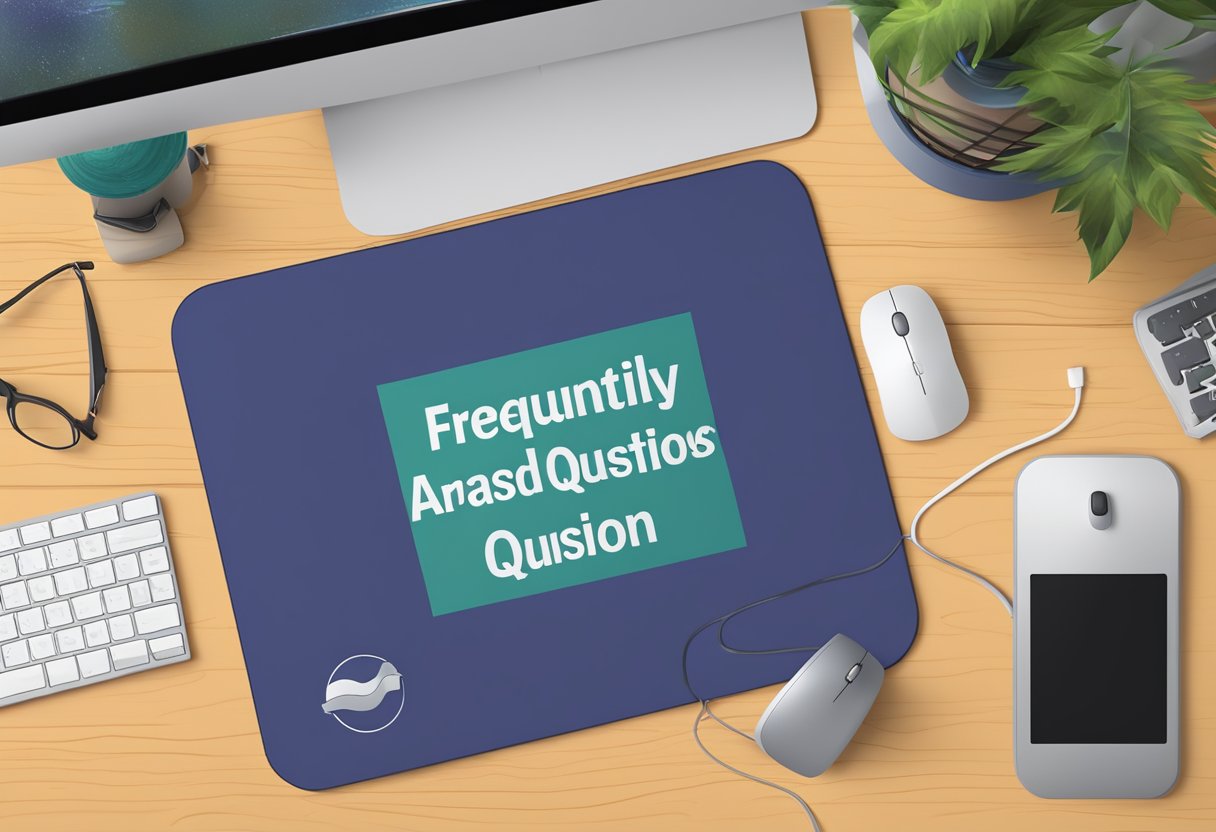 A custom mouse pad with "Frequently Asked Questions" text and colorful graphics on a desk next to a computer and mouse