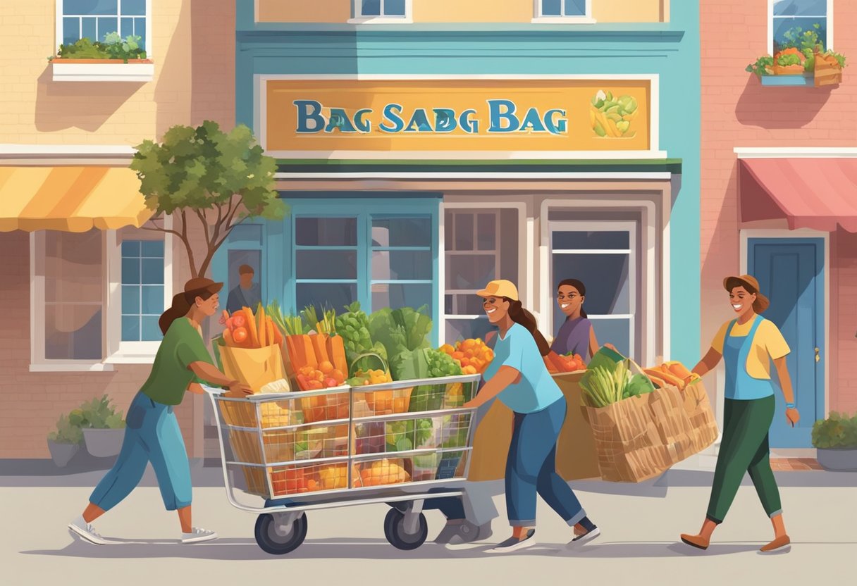 A family unloads groceries from custom bags, smiling. Bags are sturdy and colorful, with logos of local businesses. They carry produce, canned goods, and bread