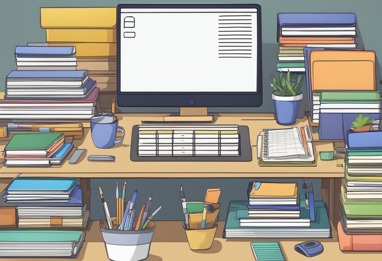 A desk cluttered with notebooks, pens, and rulers. A computer screen displaying a digital design. Shelves filled with packaged notebooks ready for distribution