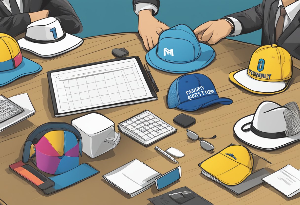 A table with various custom corporate gift caps displayed, with a sign indicating "Frequently Asked Questions" nearby